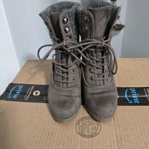 Taupe Lace-Up Suede Ankle Boots with Knit Cuff